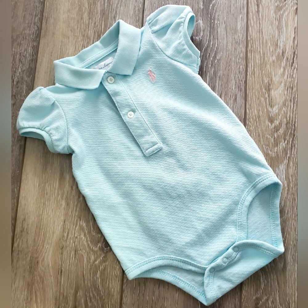 Ralph Lauren baby girls blue mesh polo bodysuit, capped sleeves Size 6M